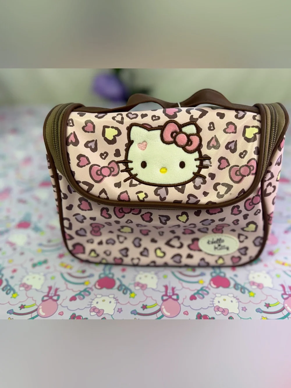 Hello Kitty Pink Leopard Print Makeup Bag with Top Handle